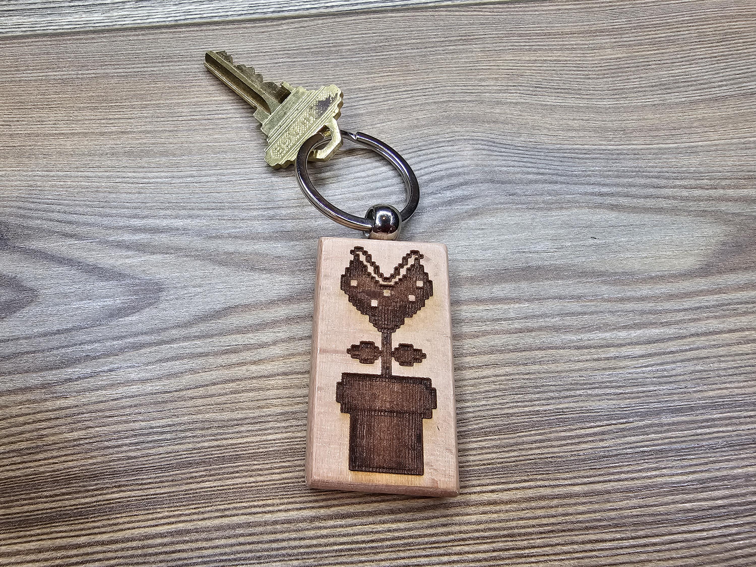 Laser engraved Mario Bros. Piranha Plant keychain / bag charm: hardwood nintendo gamer gift