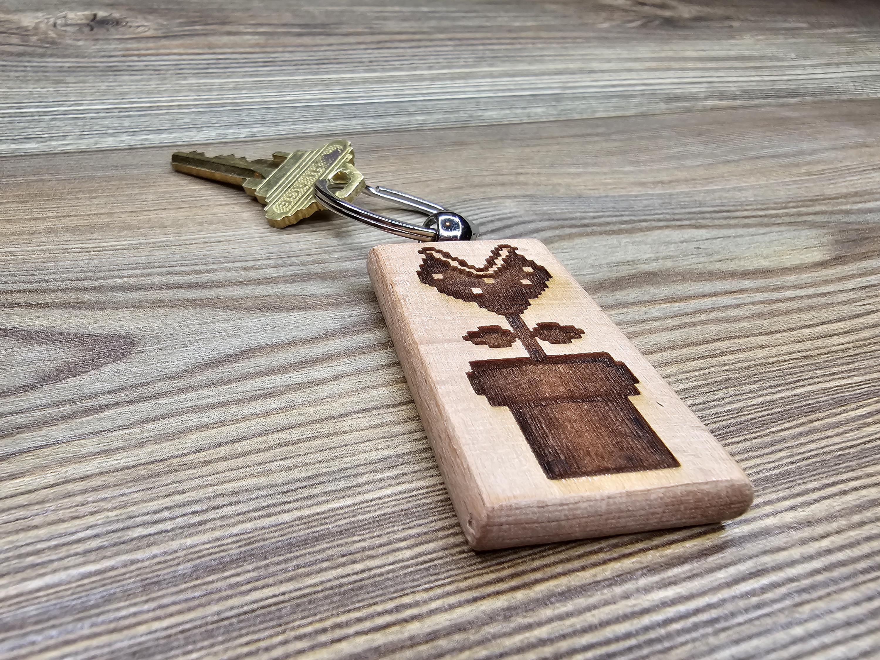 Laser engraved Mario Bros. Piranha Plant keychain / bag charm: hardwood nintendo gamer gift