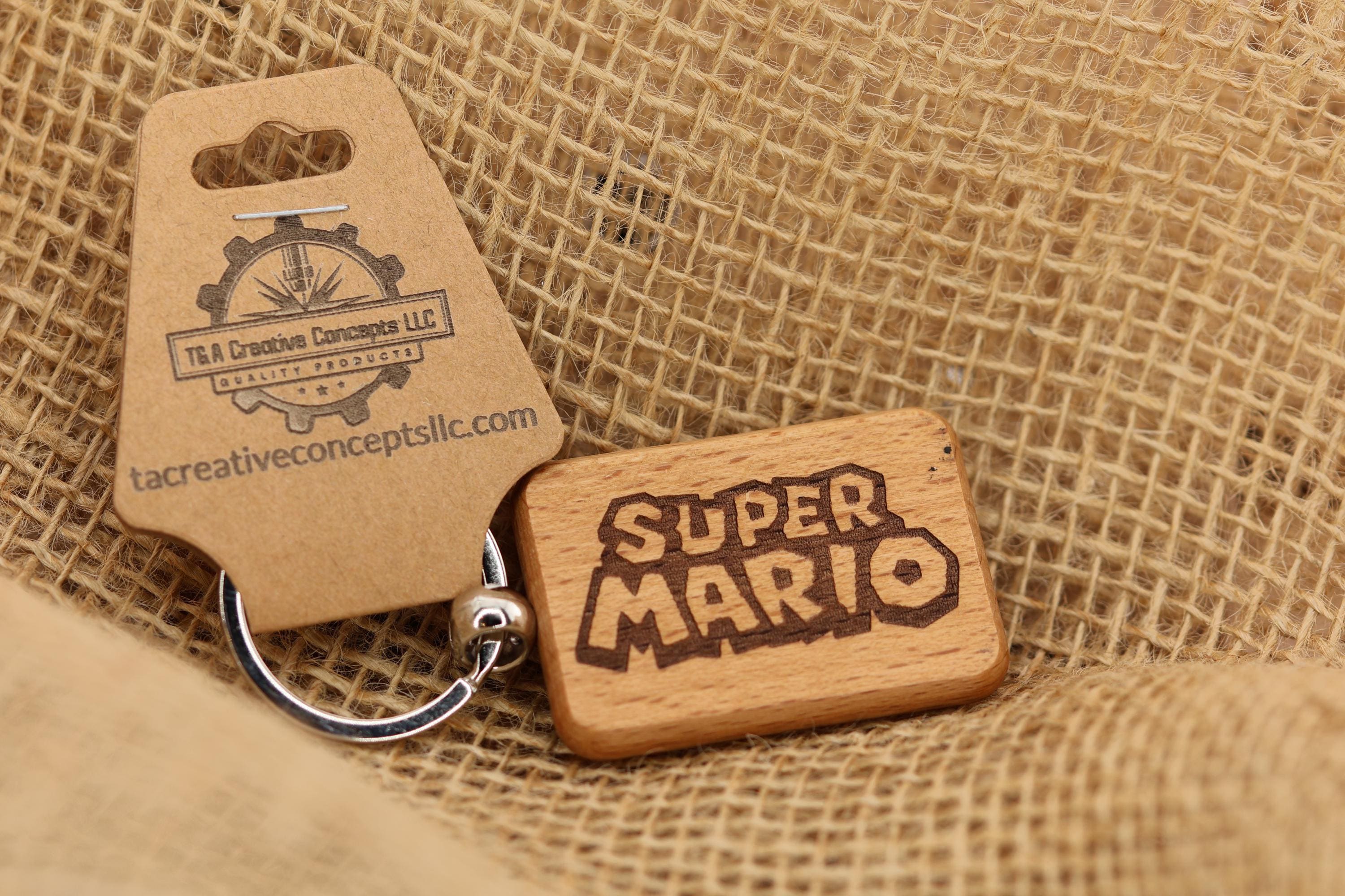 Laser engraved Super Mario keychain / bag charm: hardwood & stainless steel