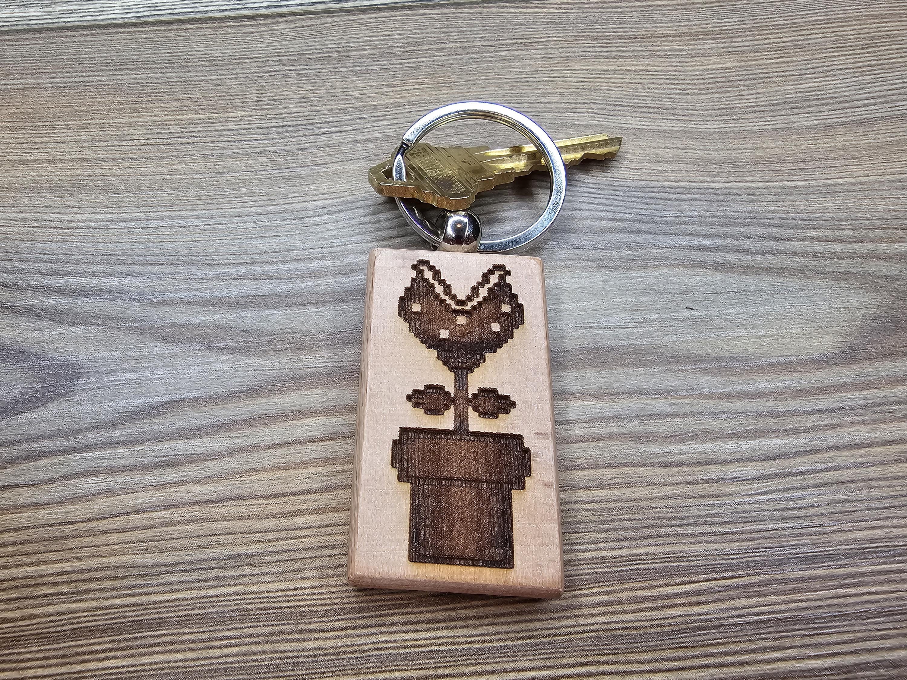 Laser engraved Mario Bros. Piranha Plant keychain / bag charm: hardwood nintendo gamer gift