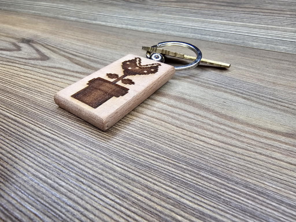 Laser engraved Mario Bros. Piranha Plant keychain / bag charm: hardwood nintendo gamer gift