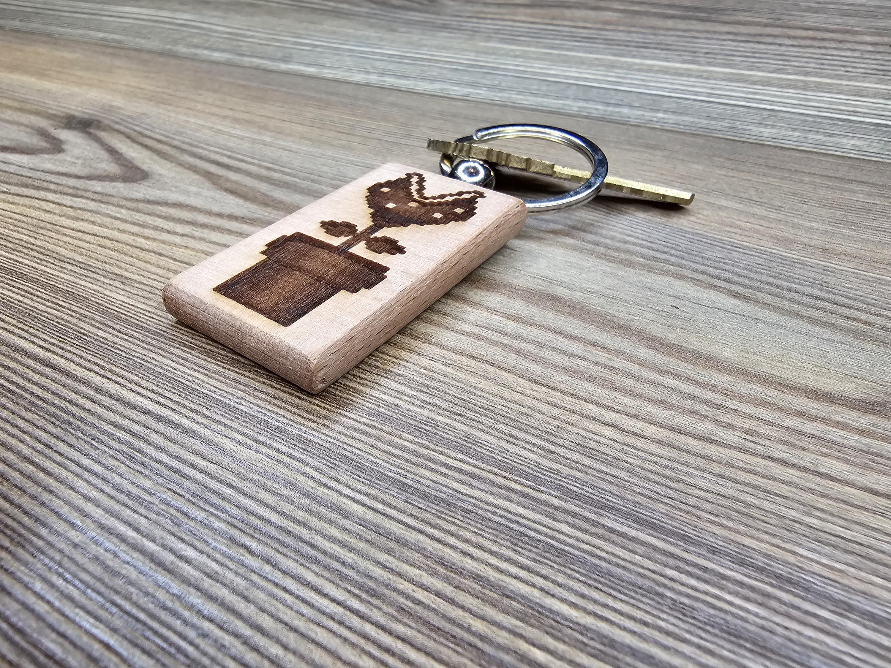 Laser engraved Mario Bros. Piranha Plant keychain / bag charm: hardwood nintendo gamer gift