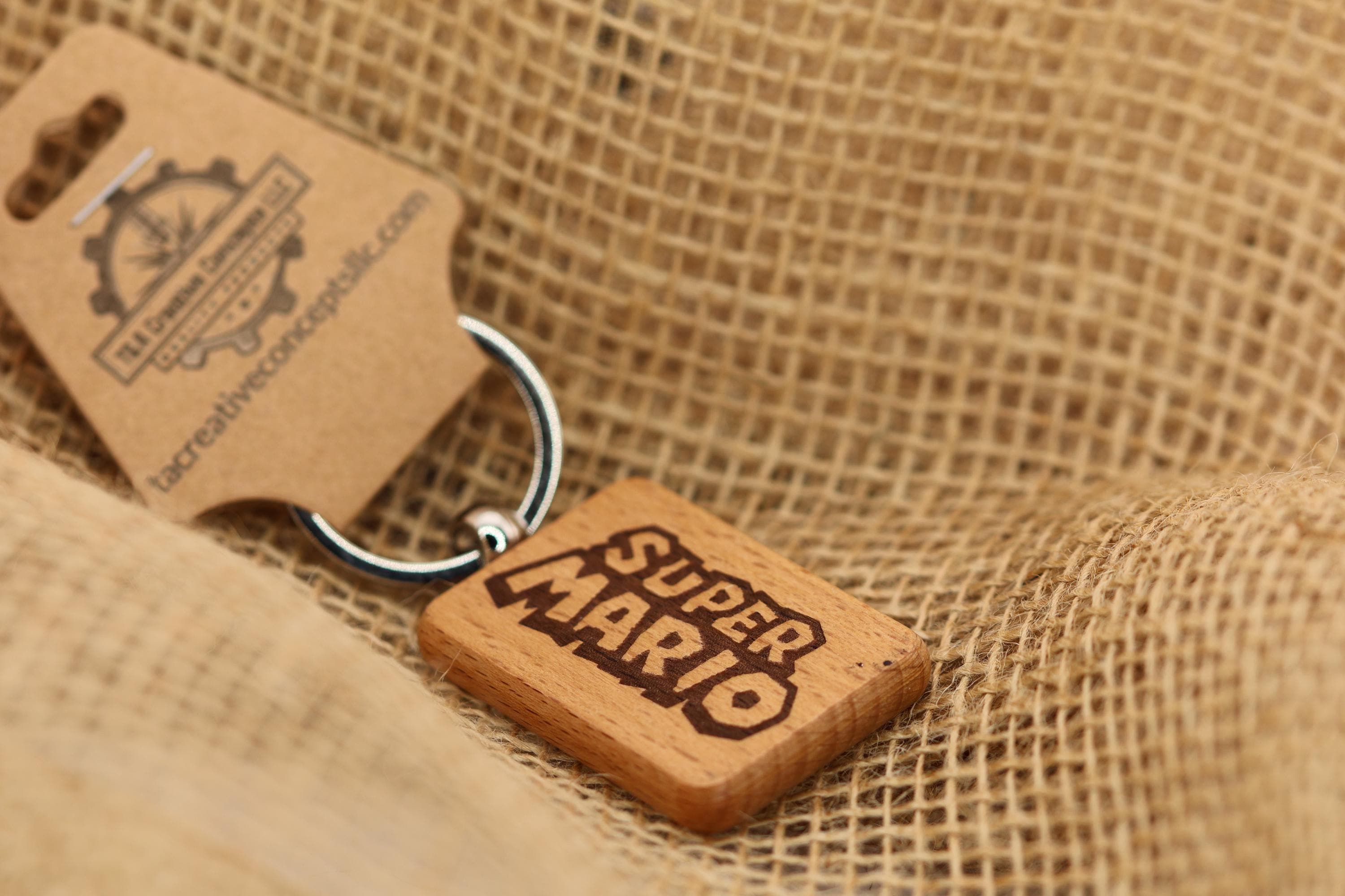 Laser engraved Super Mario keychain / bag charm: hardwood & stainless steel