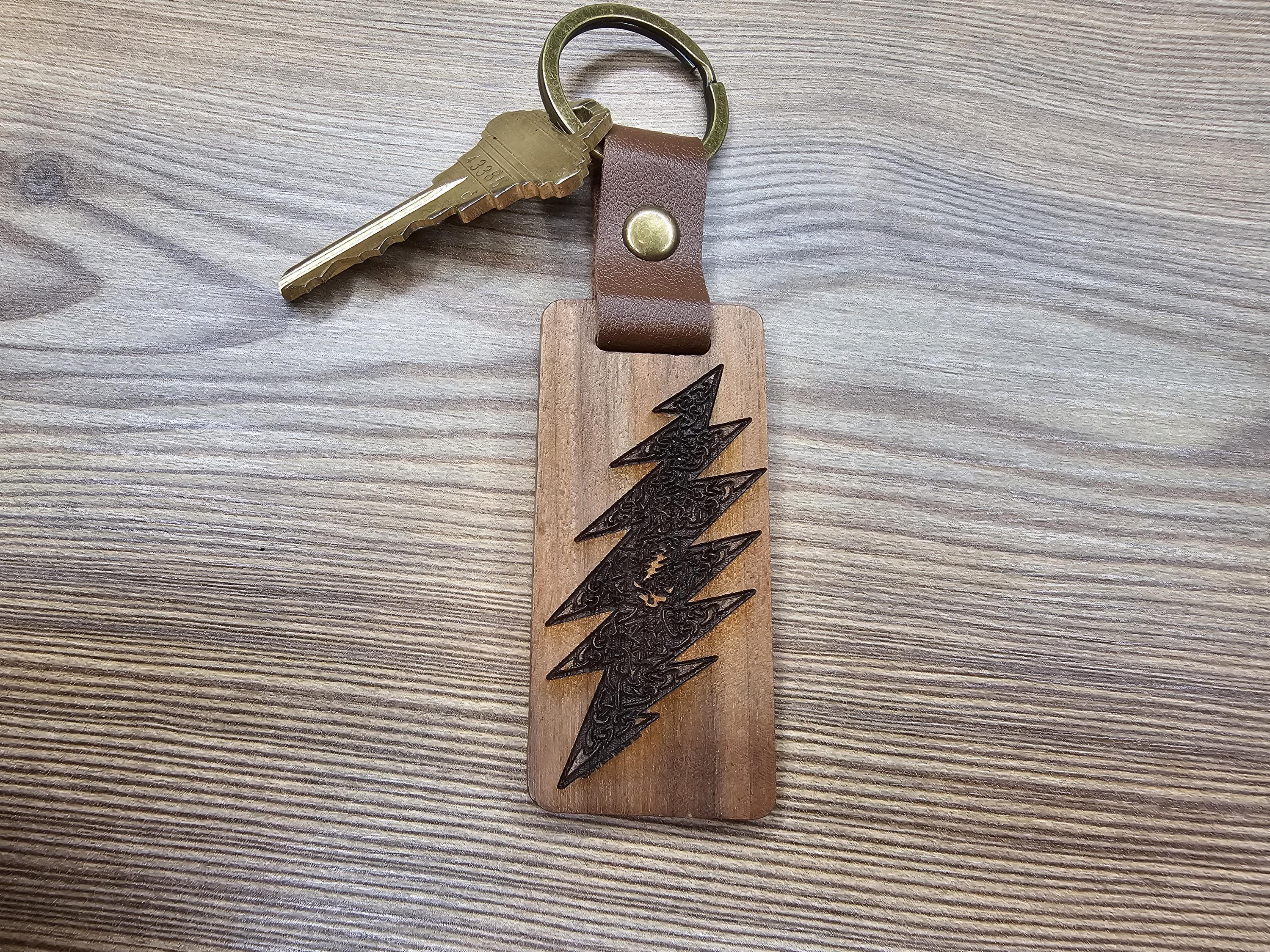 Grateful Dead Celtic Bolt keychain / bag charm – walnut, double-sided laser engraved wood with stainless steel keyring, music gift