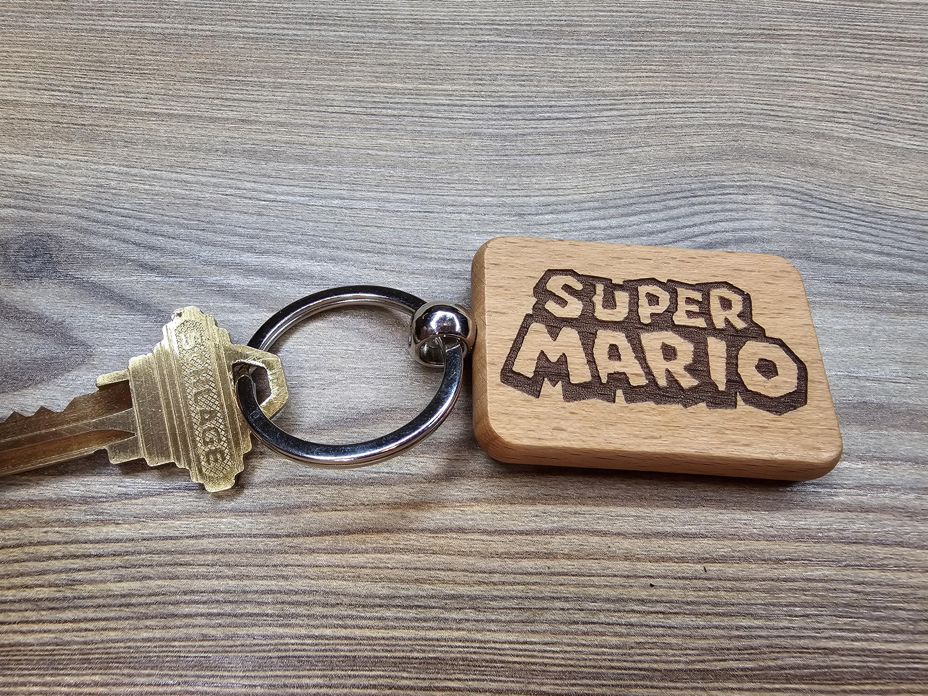 Laser engraved Super Mario keychain / bag charm: hardwood & stainless steel