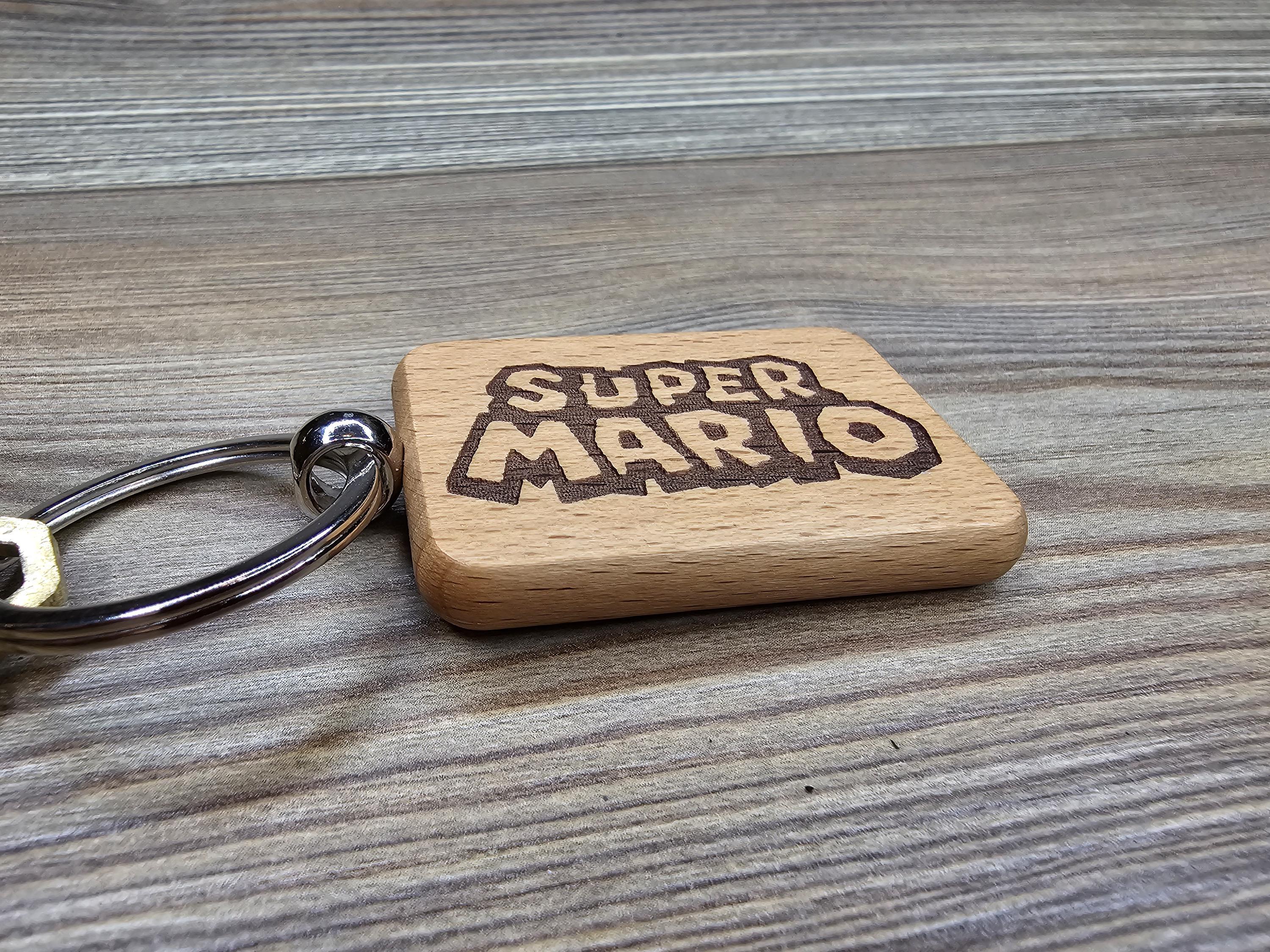 Laser engraved Super Mario keychain / bag charm: hardwood & stainless steel