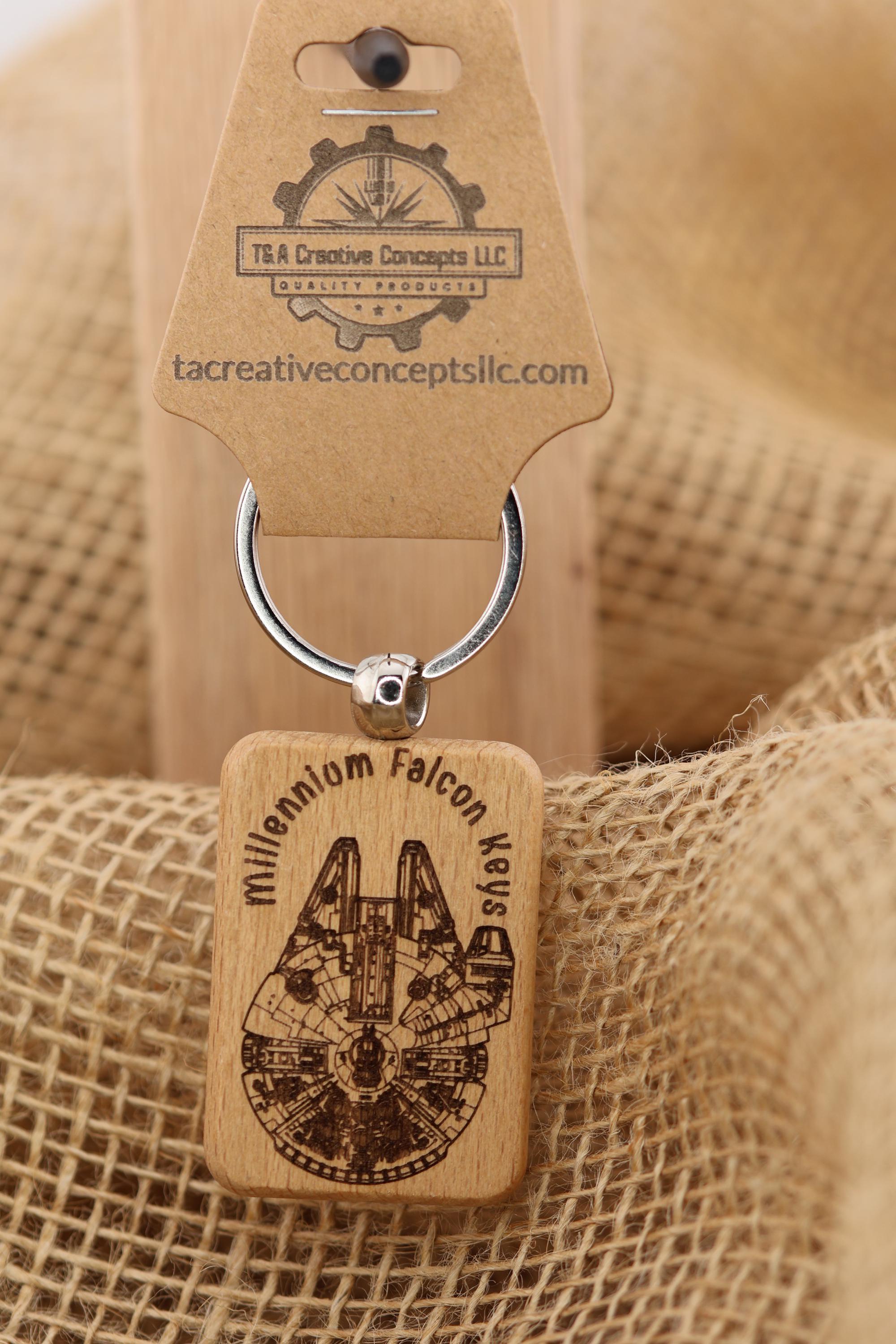 Millennium falcon keychain: laser engraved wood, stainless steel keyring