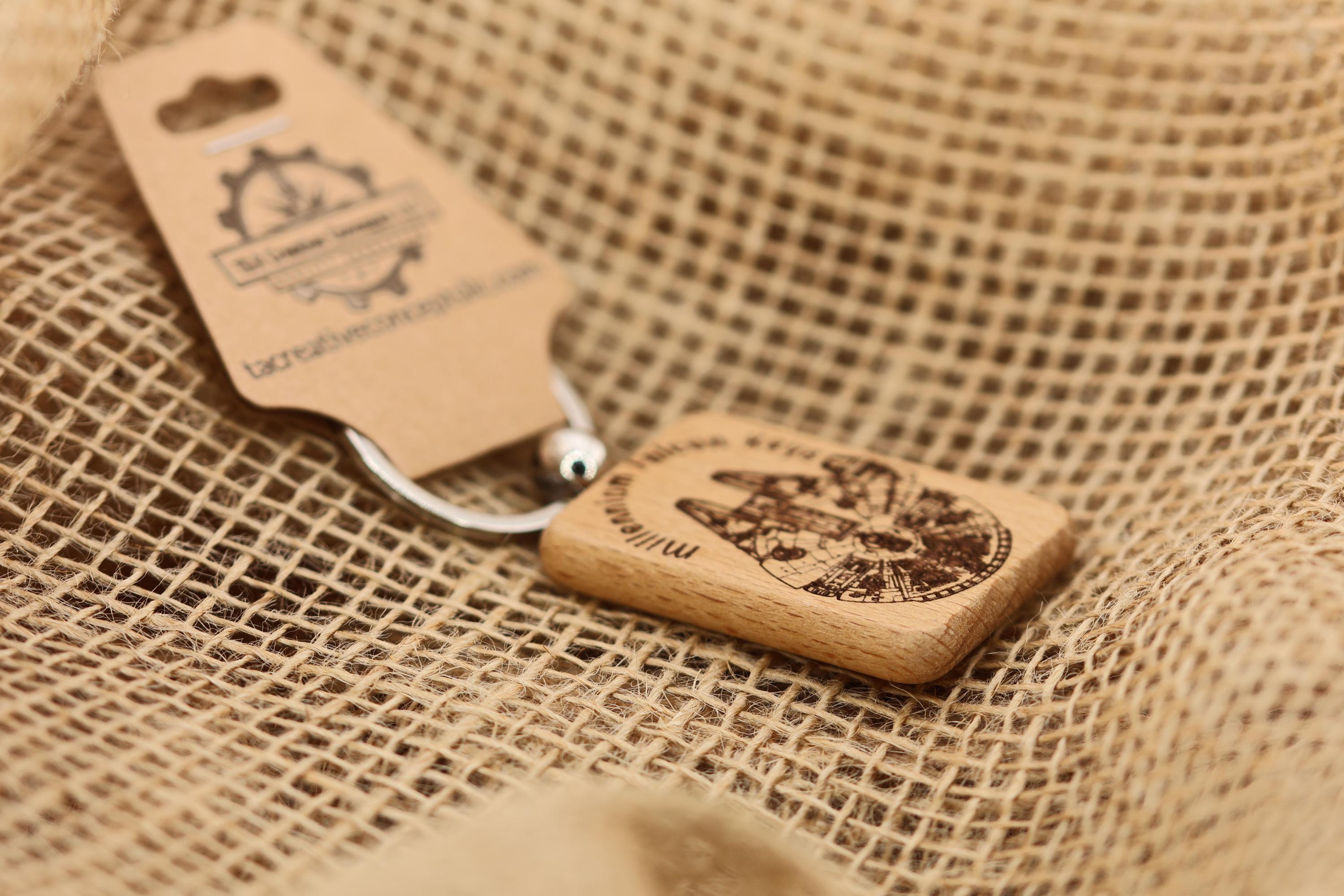 Millennium falcon keychain: laser engraved wood, stainless steel keyring
