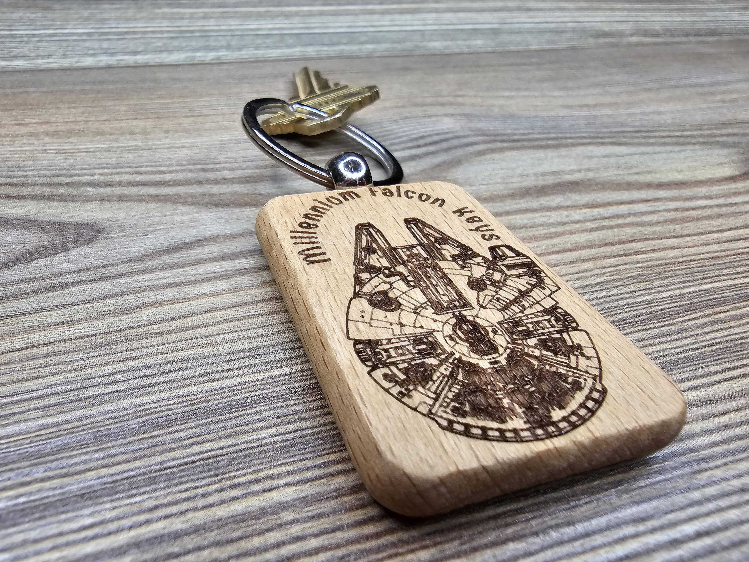 Millennium falcon keychain: laser engraved wood, stainless steel keyring