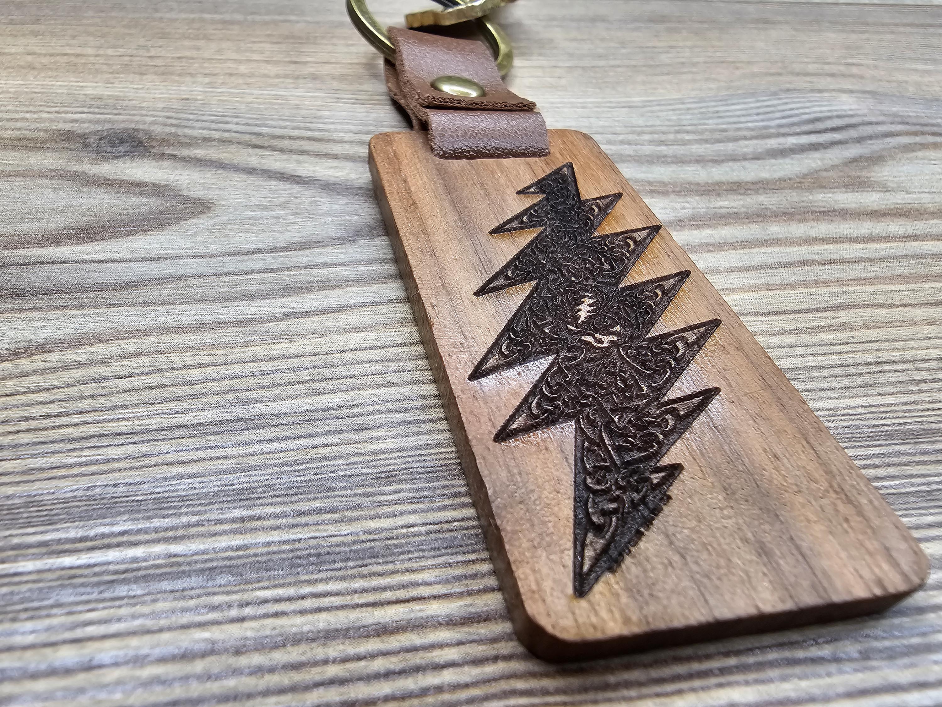 Grateful Dead Celtic Bolt keychain / bag charm – walnut, double-sided laser engraved wood with stainless steel keyring, music gift