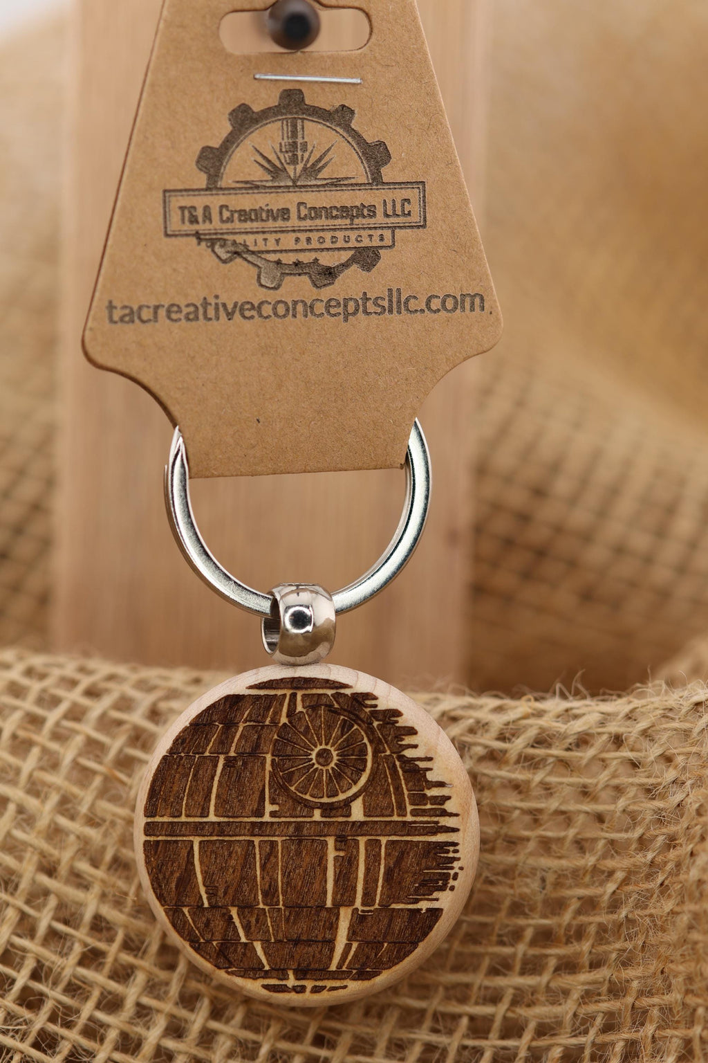 Death star keychain / bag charm – double-sided laser engraved wood with stainless steel keyring, star wars fan gift