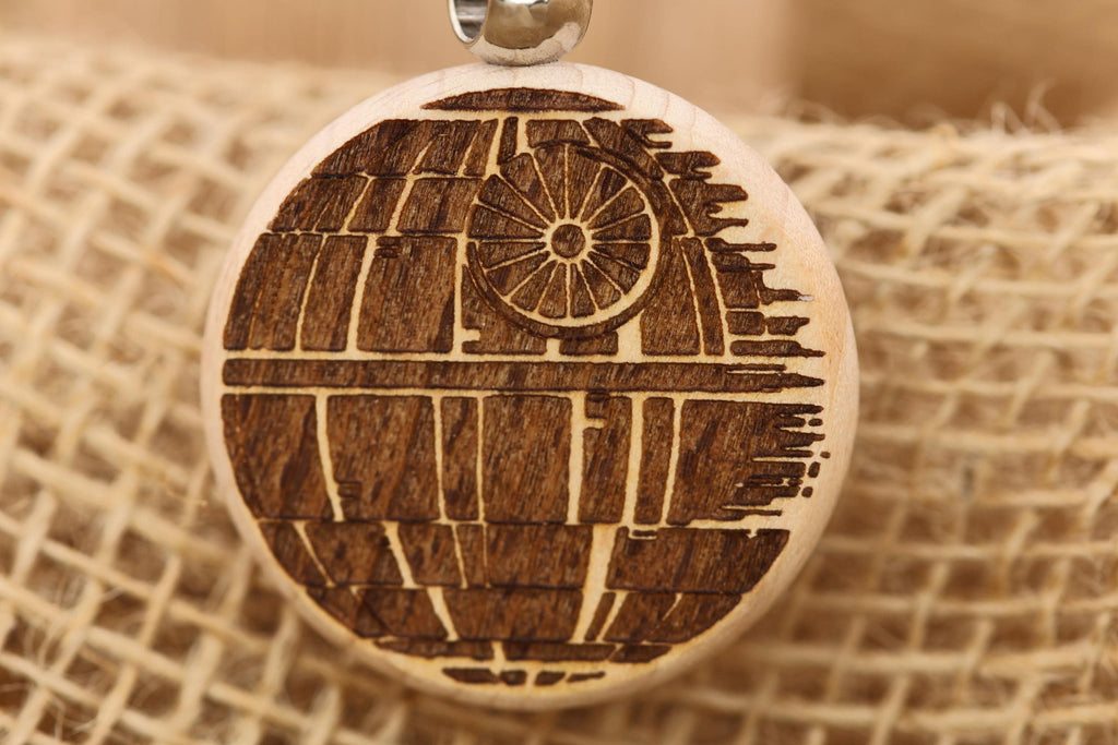 Death star keychain / bag charm – double-sided laser engraved wood with stainless steel keyring, star wars fan gift