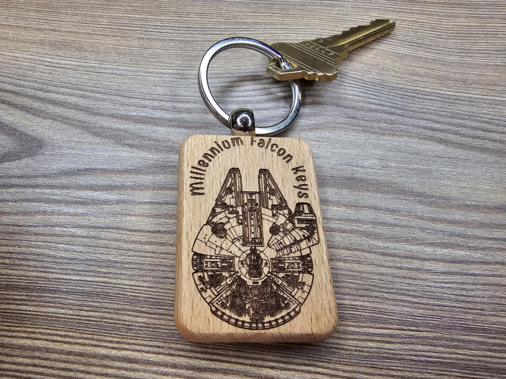 Millennium falcon keychain: laser engraved wood, stainless steel keyring