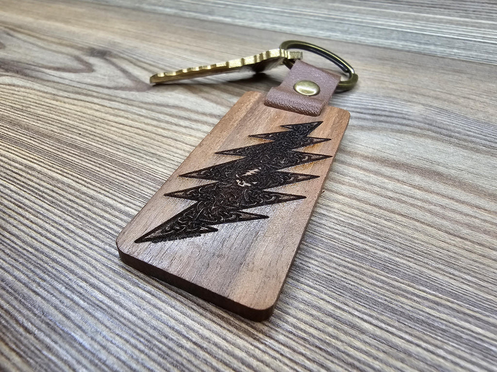 Grateful Dead Celtic Bolt keychain / bag charm – walnut, double-sided laser engraved wood with stainless steel keyring, music gift