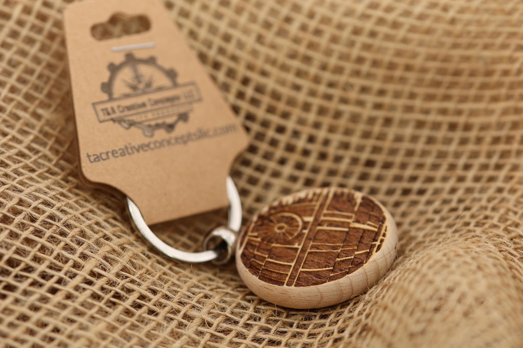 Death star keychain / bag charm – double-sided laser engraved wood with stainless steel keyring, star wars fan gift