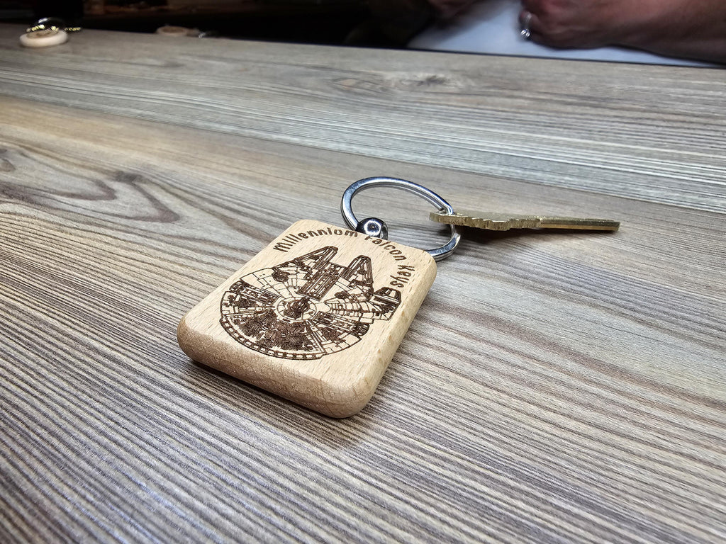 Millennium falcon keychain: laser engraved wood, stainless steel keyring