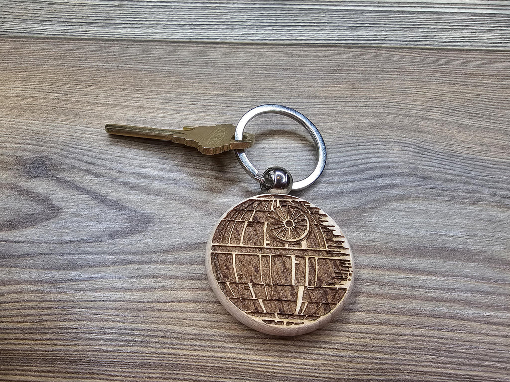 Death star keychain / bag charm – double-sided laser engraved wood with stainless steel keyring, star wars fan gift