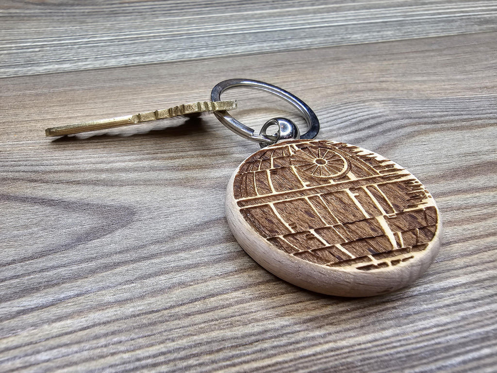 Death star keychain / bag charm – double-sided laser engraved wood with stainless steel keyring, star wars fan gift