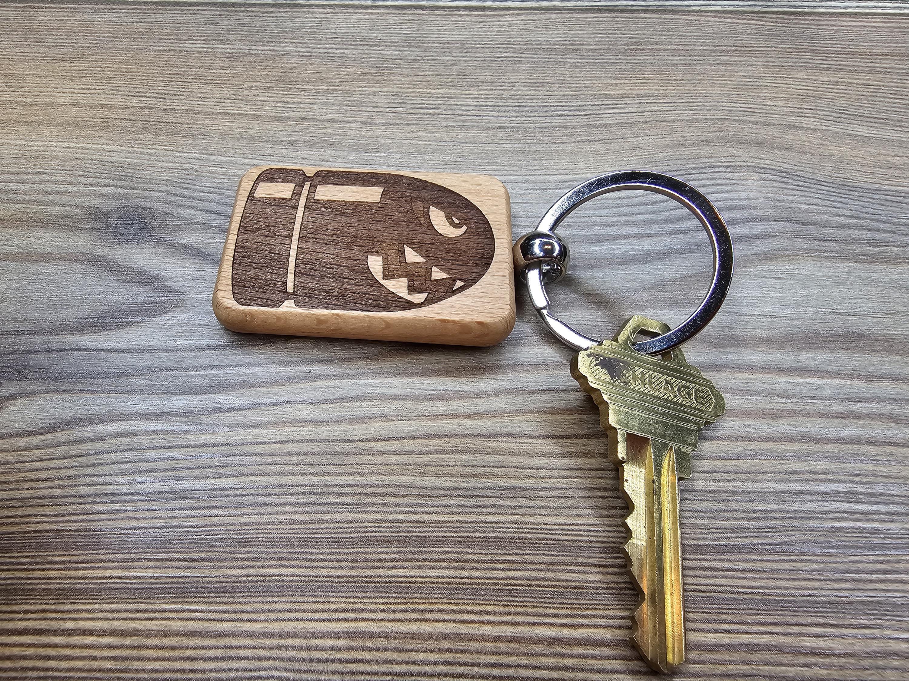 Super Mario Bullet Bill keychain / bag charm– double-sided laser engraved wood with stainless steel keyring, gamer & nintendo gift