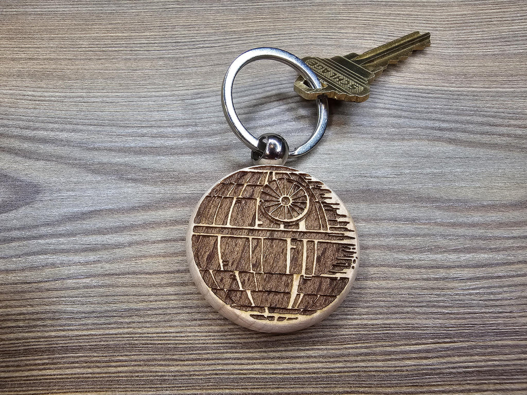 Death star keychain / bag charm – double-sided laser engraved wood with stainless steel keyring, star wars fan gift