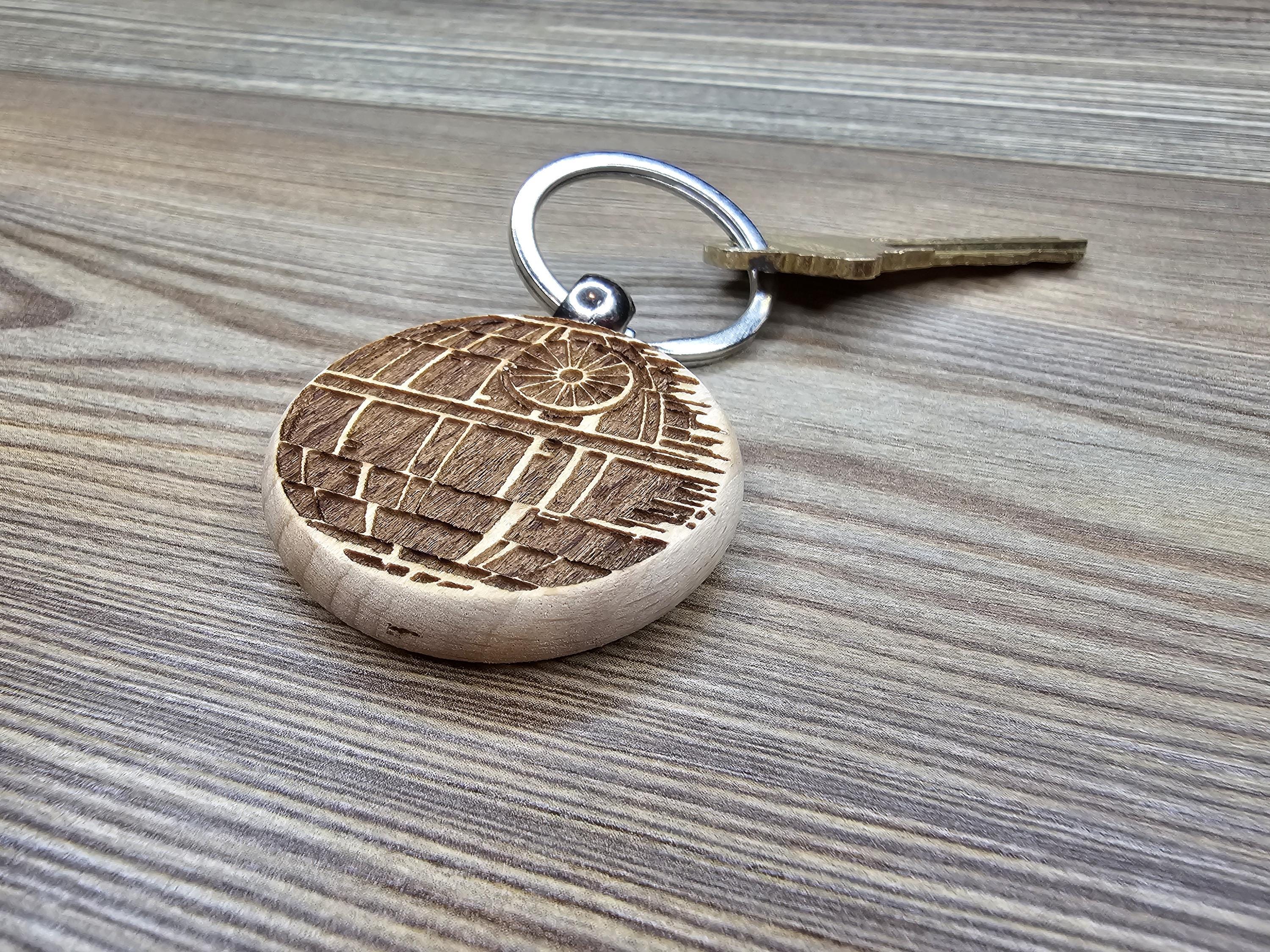 Death star keychain / bag charm – double-sided laser engraved wood with stainless steel keyring, star wars fan gift