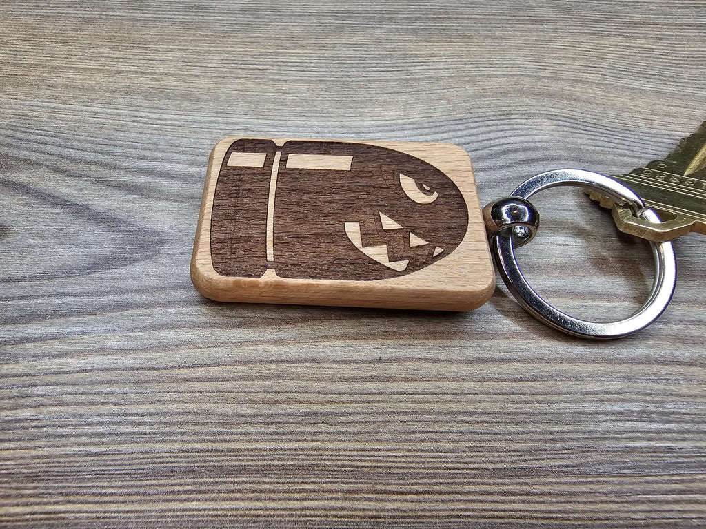 Super Mario Bullet Bill keychain / bag charm– double-sided laser engraved wood with stainless steel keyring, gamer & nintendo gift