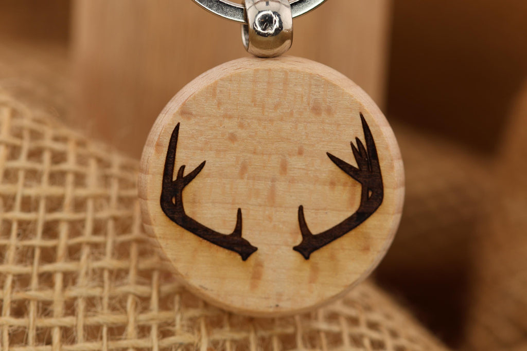Laser engraved deer antlers keychain / bag charm: hardwood & stainless steel
