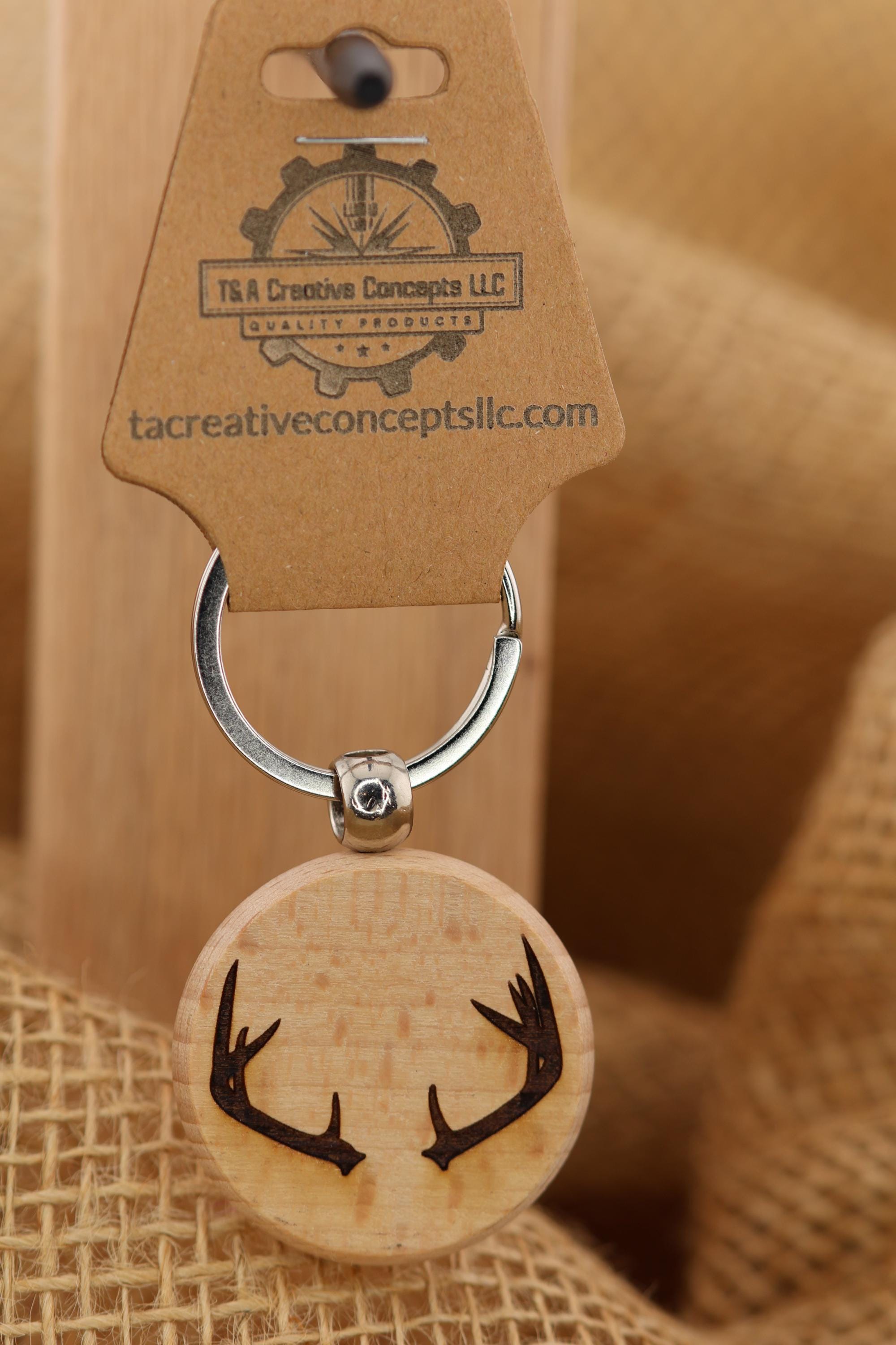 Laser engraved deer antlers keychain / bag charm: hardwood & stainless steel
