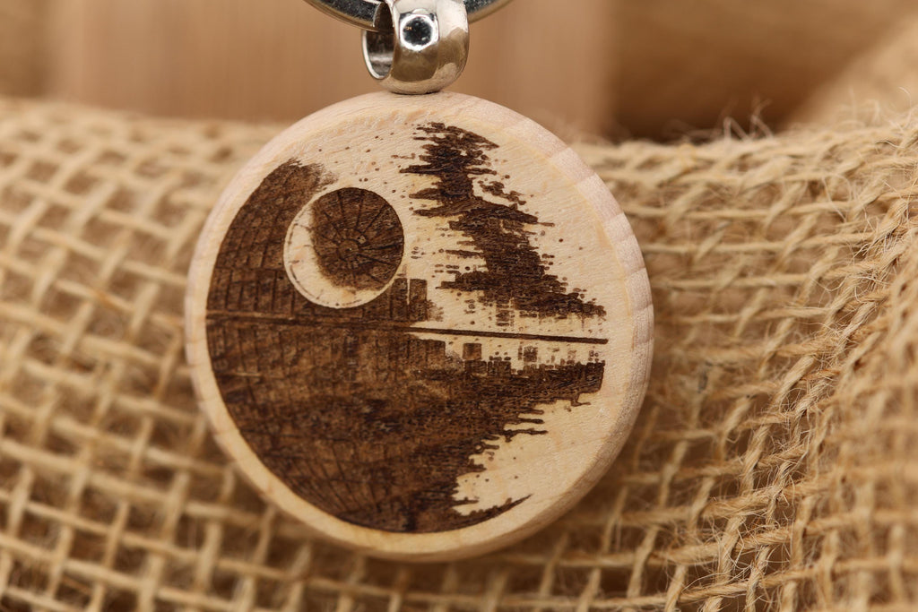 Death star keychain / bag charm – double-sided laser engraved wood with stainless steel keyring, star wars fan gift