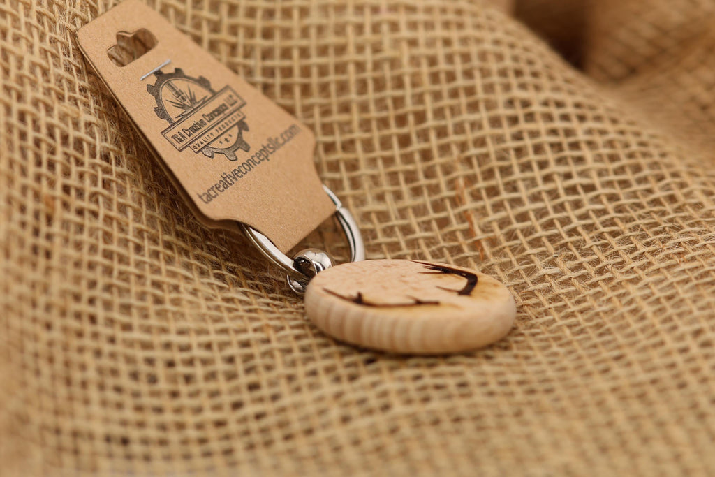 Laser engraved deer antlers keychain / bag charm: hardwood & stainless steel