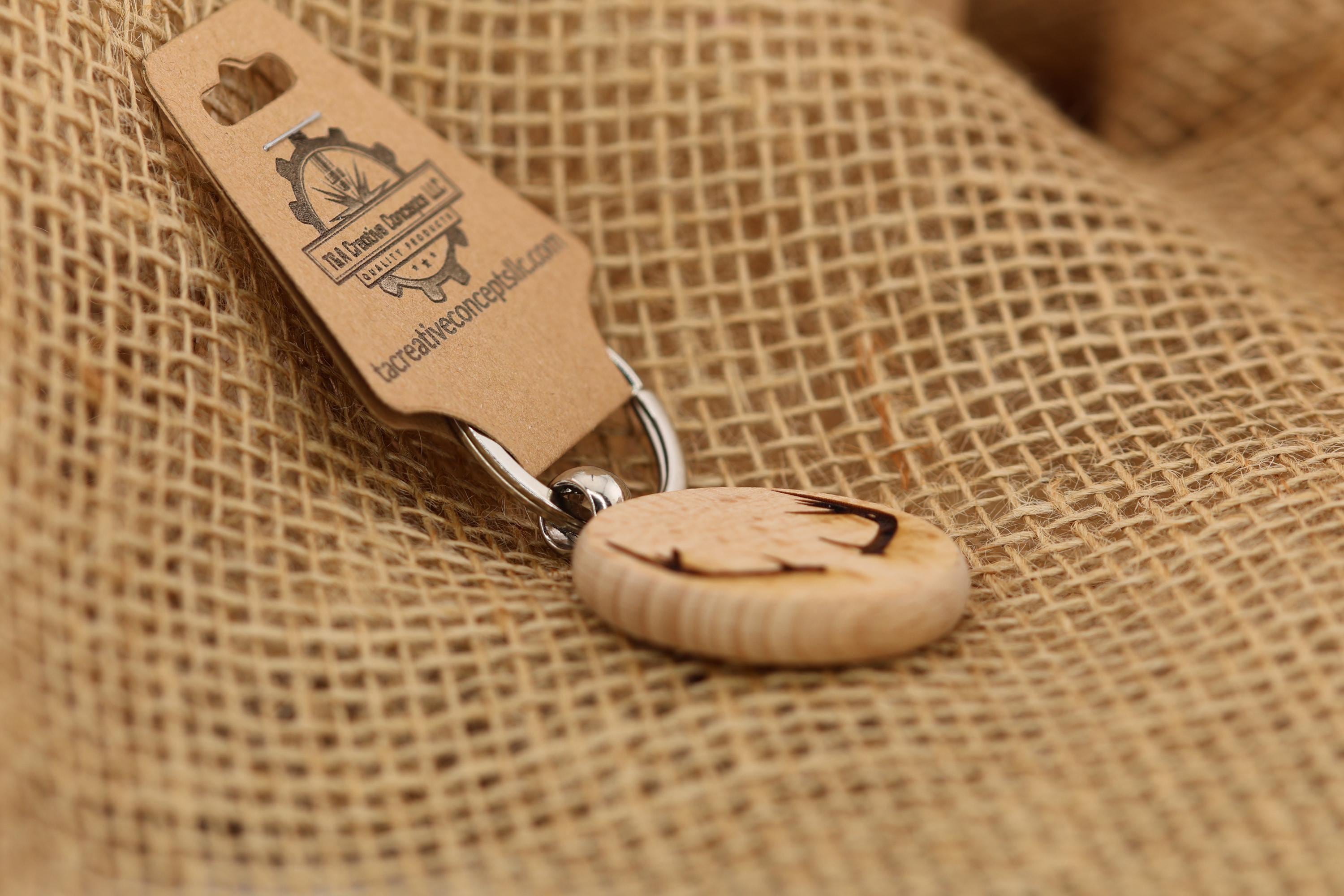 Laser engraved deer antlers keychain / bag charm: hardwood & stainless steel