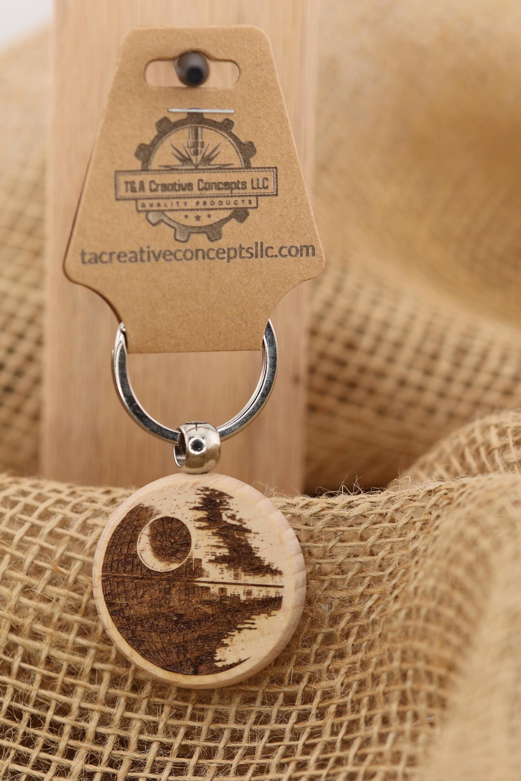 Death star keychain / bag charm – double-sided laser engraved wood with stainless steel keyring, star wars fan gift