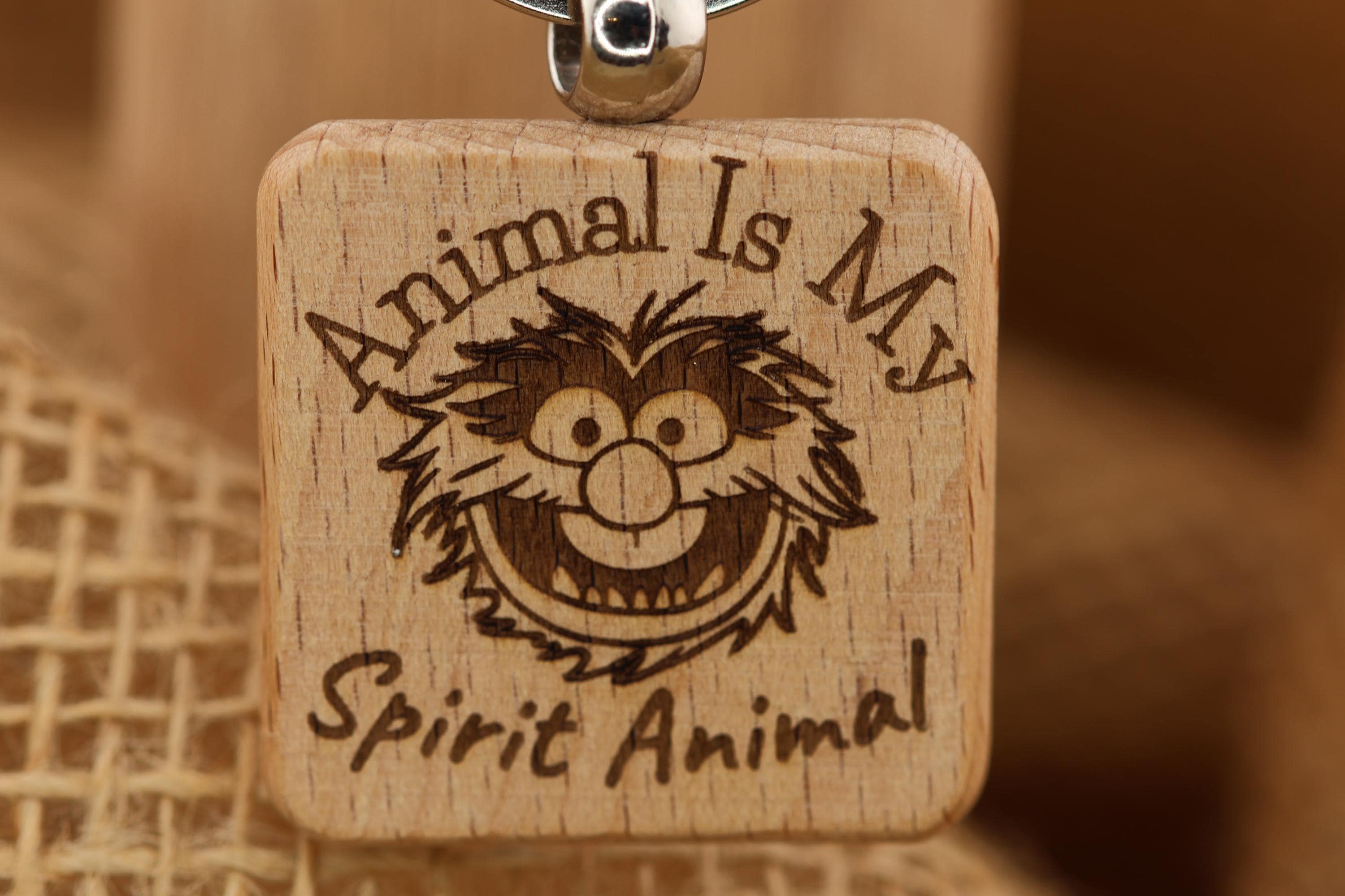 Animal is my spirit animal Muppets keychain / bag charm: laser engraved hardwood, stainless steel keyring
