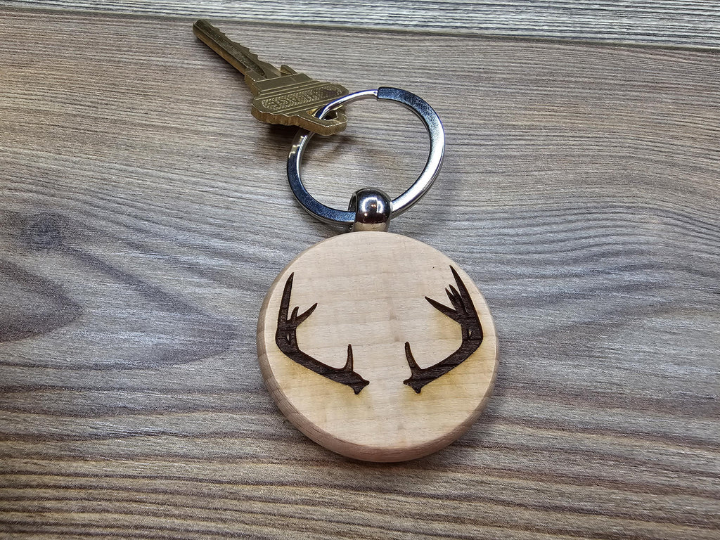 Laser engraved deer antlers keychain / bag charm: hardwood & stainless steel