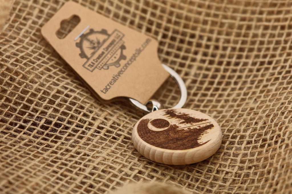 Death star keychain / bag charm – double-sided laser engraved wood with stainless steel keyring, star wars fan gift