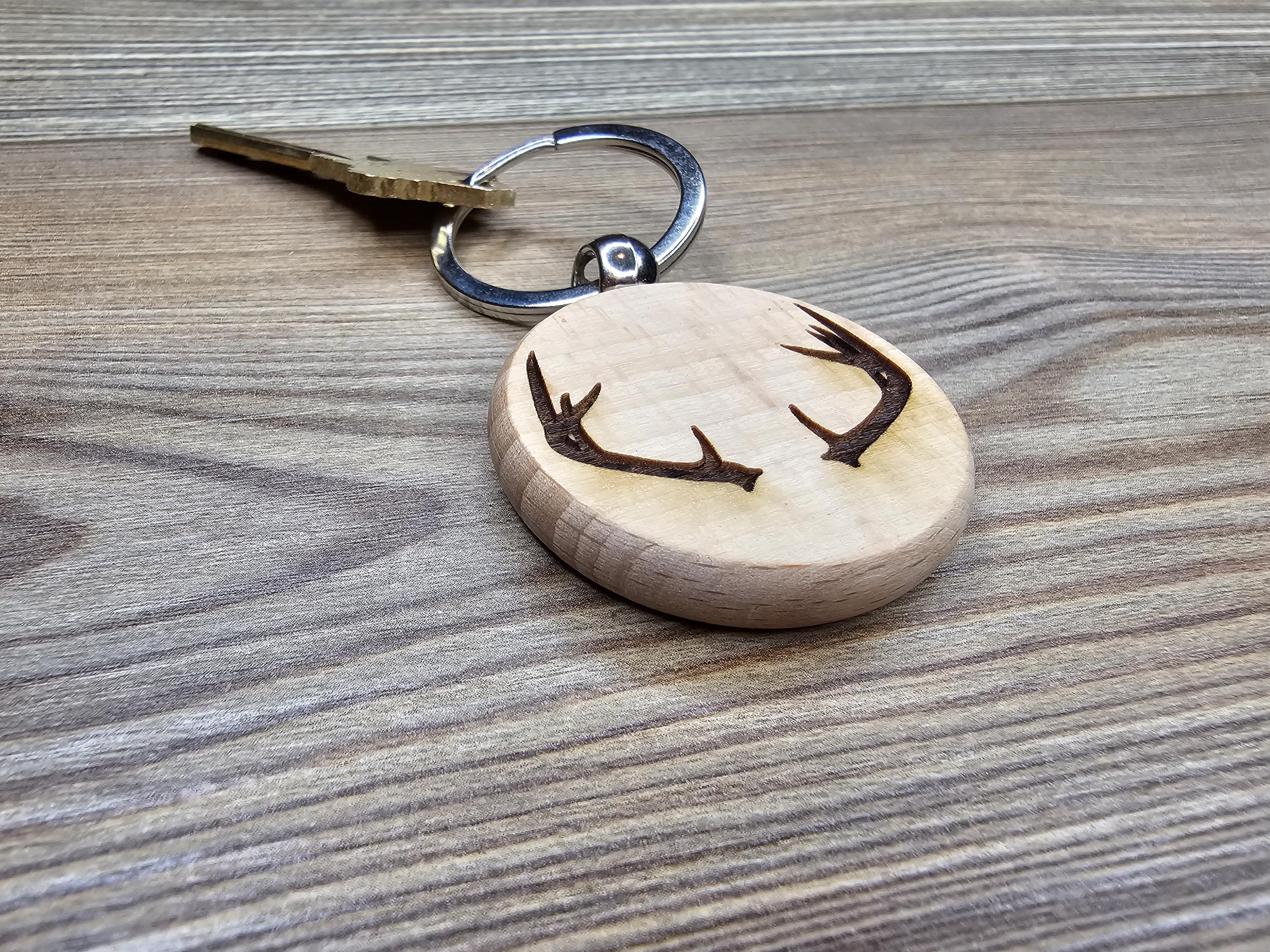 Laser engraved deer antlers keychain / bag charm: hardwood & stainless steel