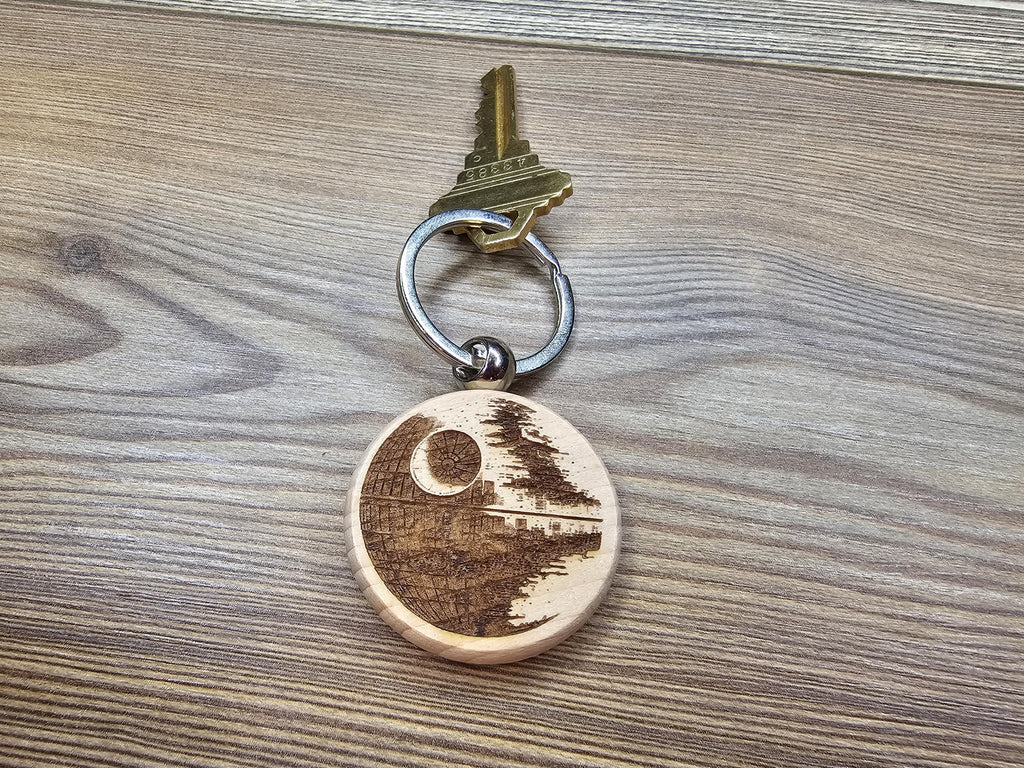 Death star keychain / bag charm – double-sided laser engraved wood with stainless steel keyring, star wars fan gift