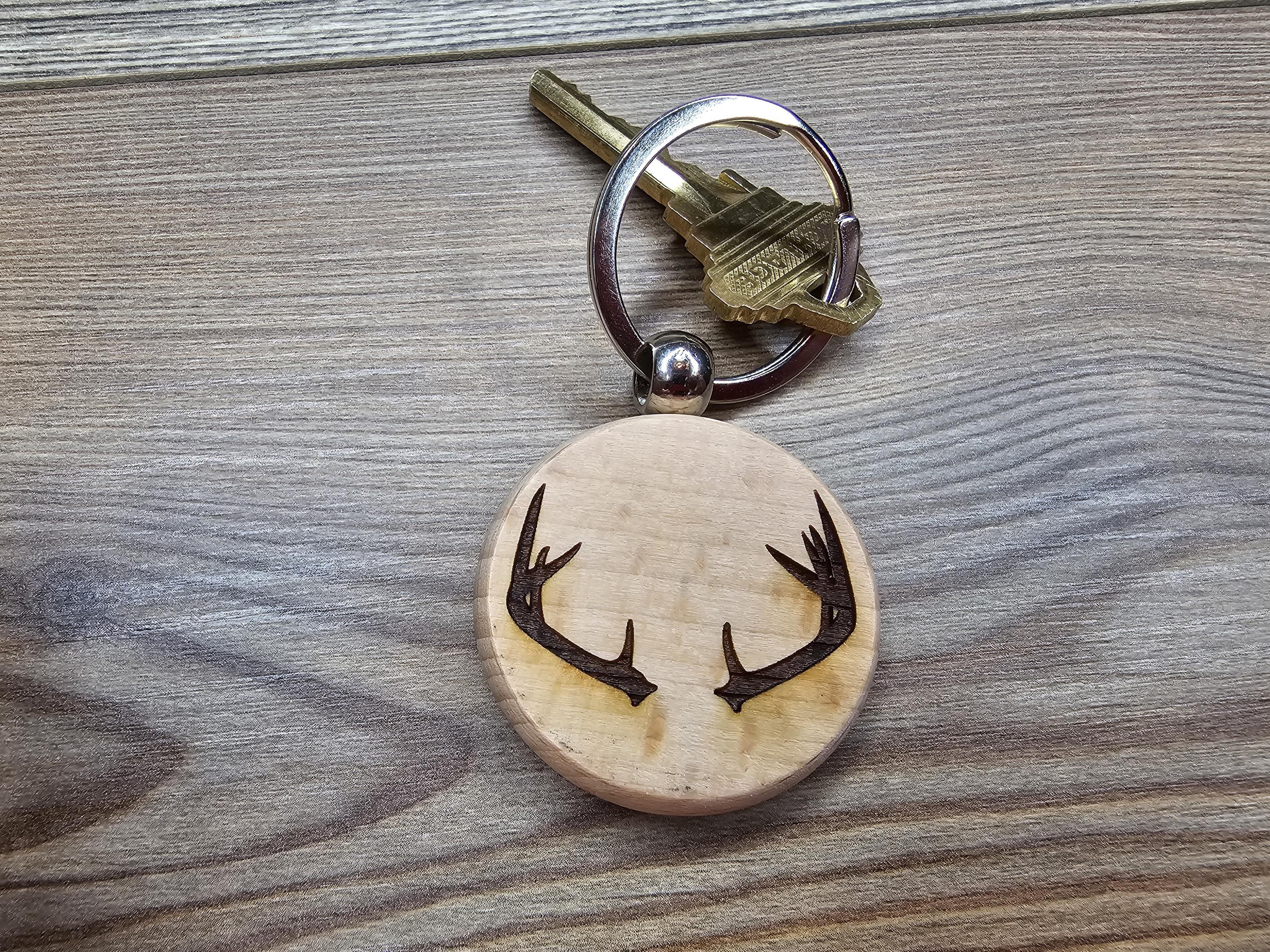 Laser engraved deer antlers keychain / bag charm: hardwood & stainless steel