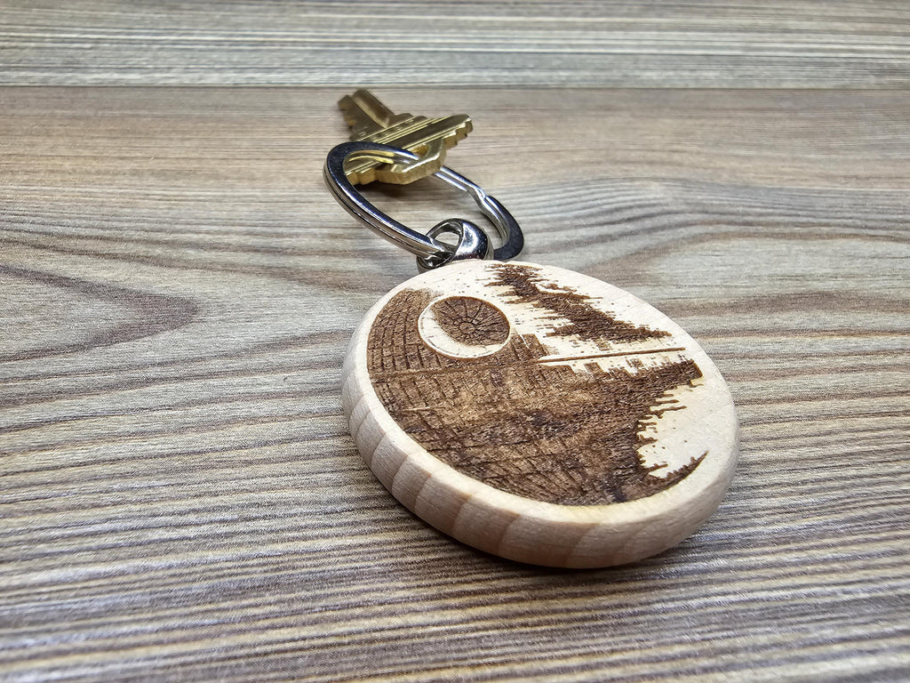 Death star keychain / bag charm – double-sided laser engraved wood with stainless steel keyring, star wars fan gift