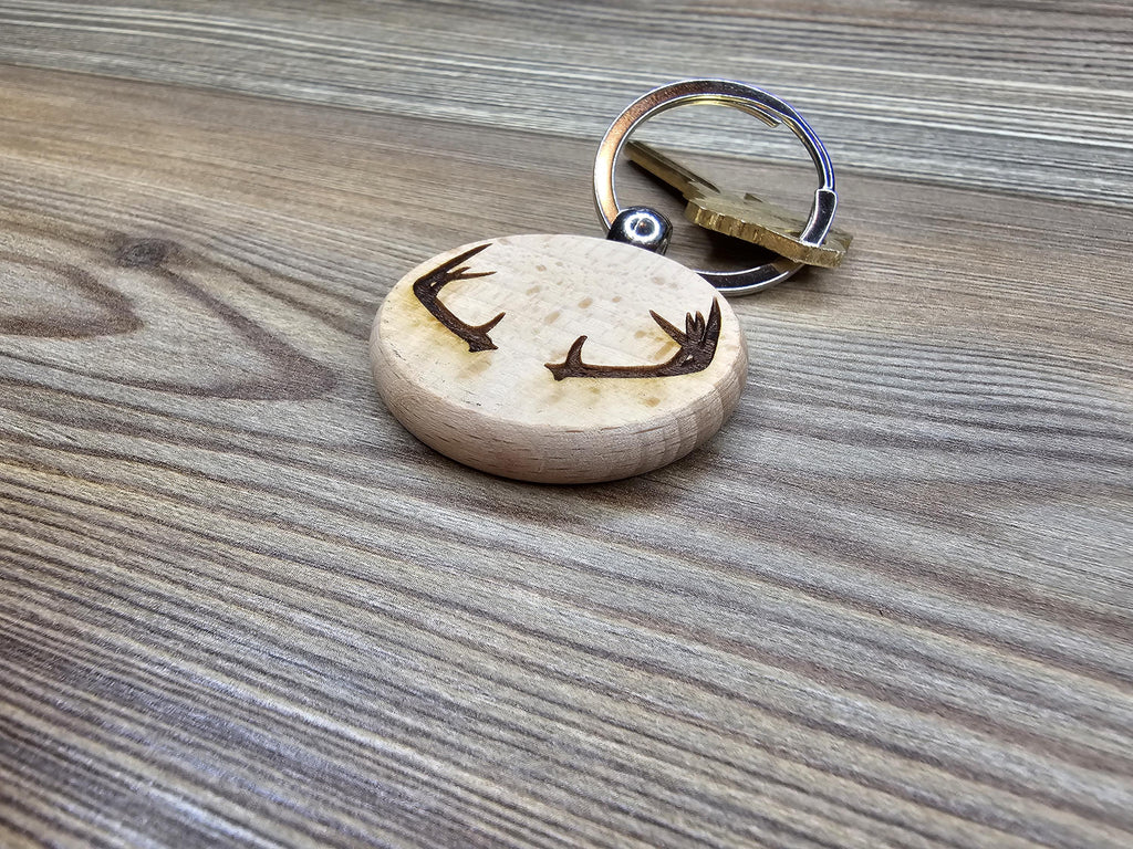 Laser engraved deer antlers keychain / bag charm: hardwood & stainless steel