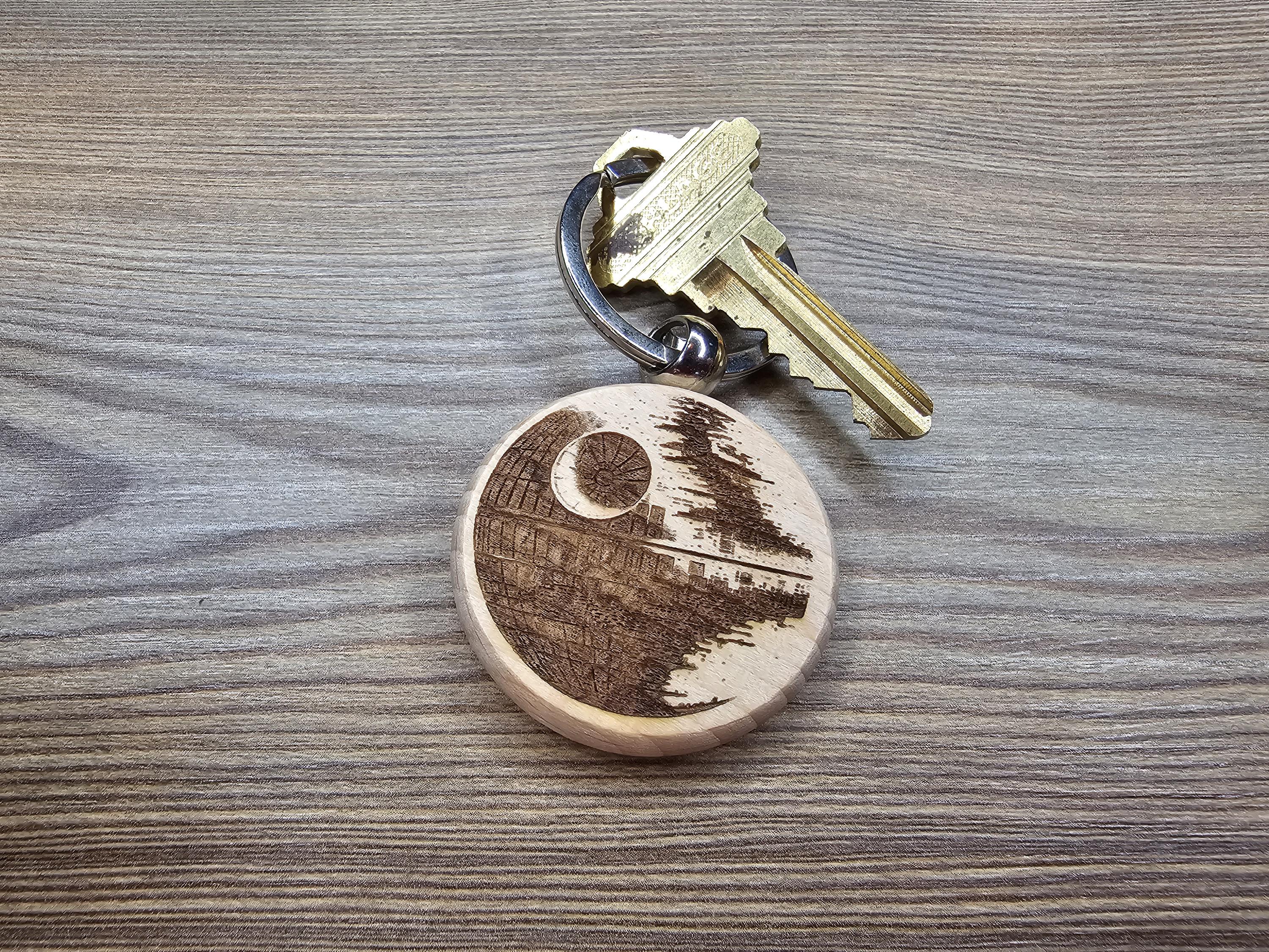 Death star keychain / bag charm – double-sided laser engraved wood with stainless steel keyring, star wars fan gift