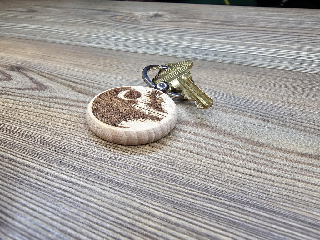 Death star keychain / bag charm – double-sided laser engraved wood with stainless steel keyring, star wars fan gift