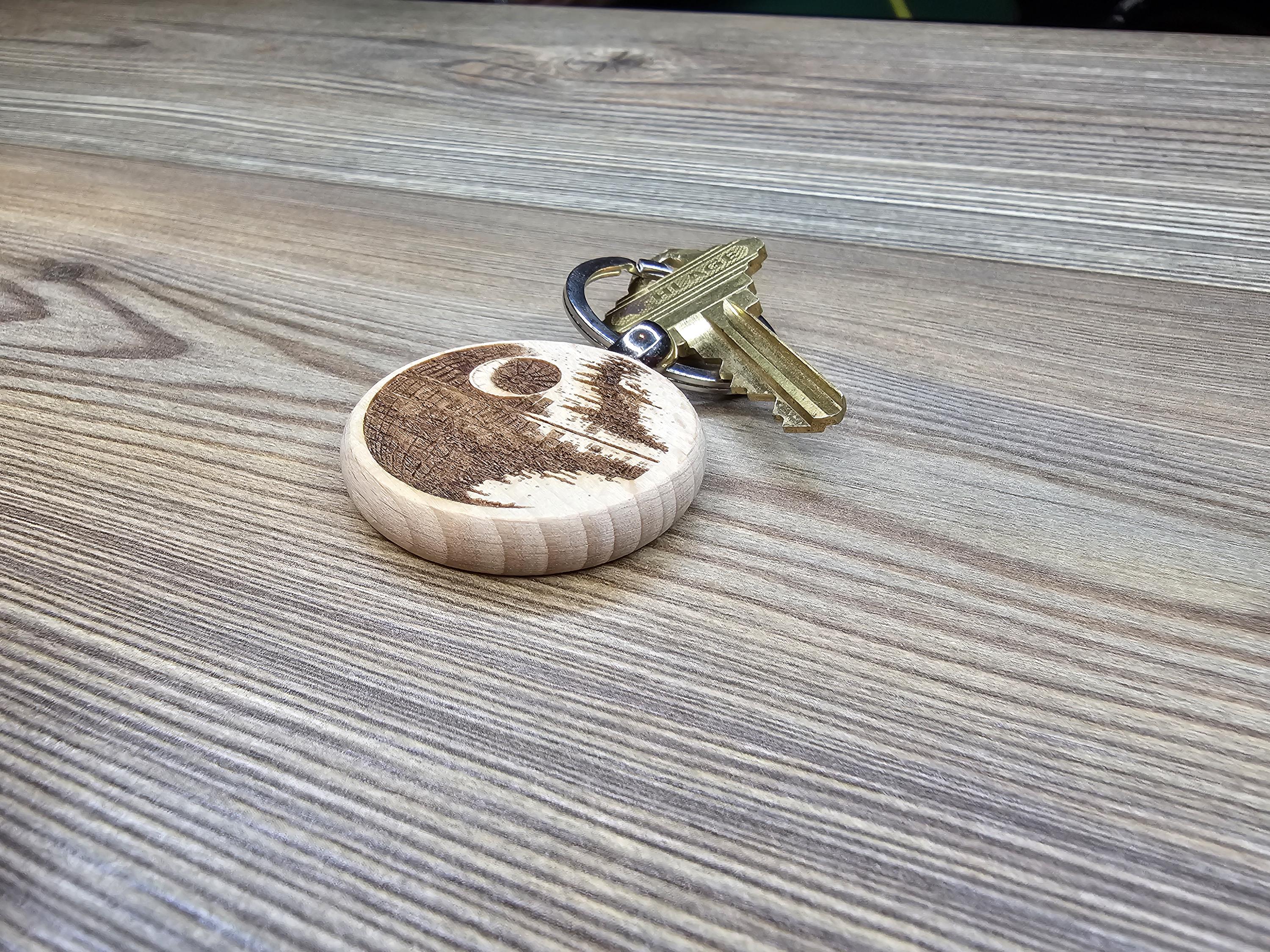 Death star keychain / bag charm – double-sided laser engraved wood with stainless steel keyring, star wars fan gift