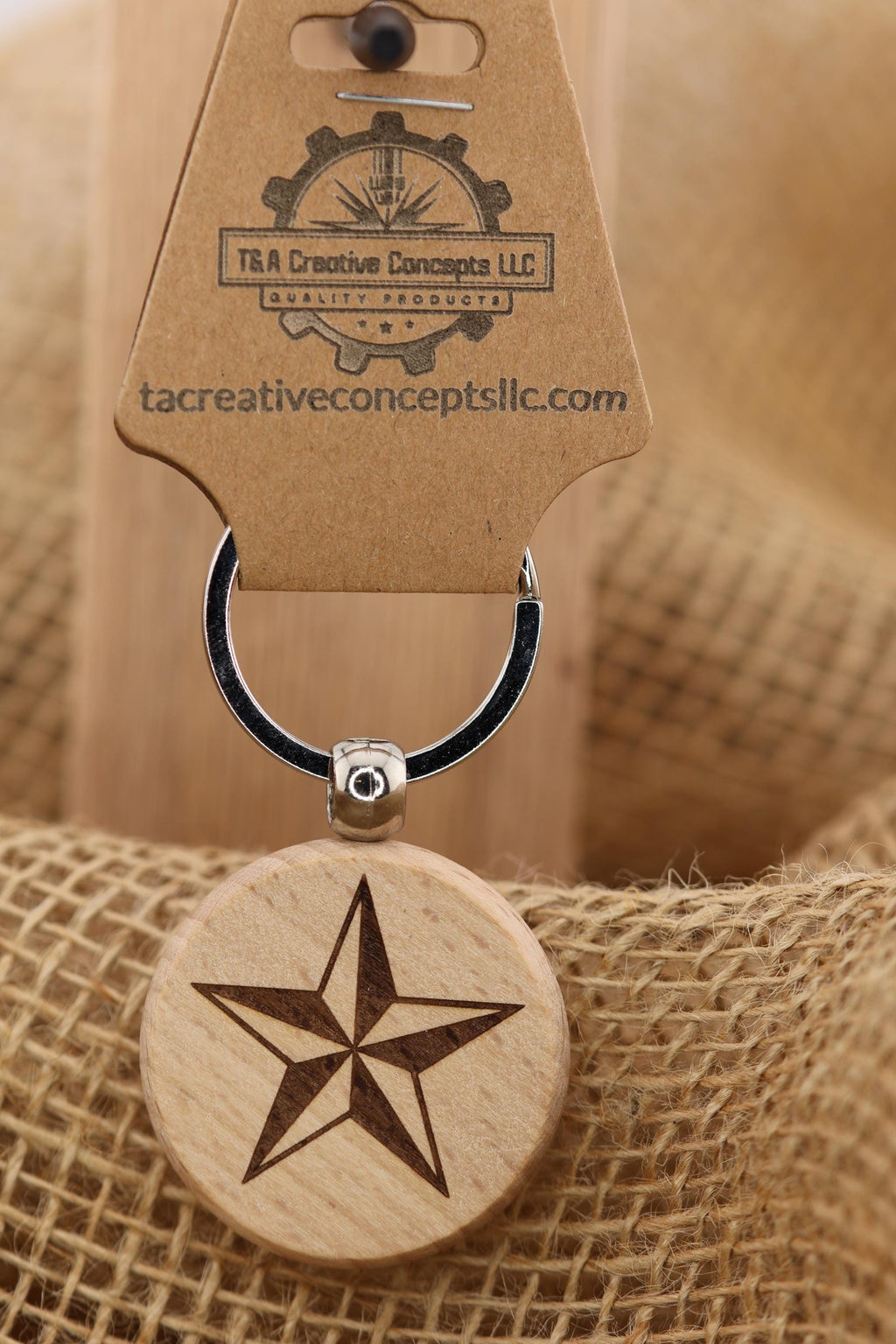 Nautical star keychain / bag charm: laser engraved hardwood with stainless steel keyring