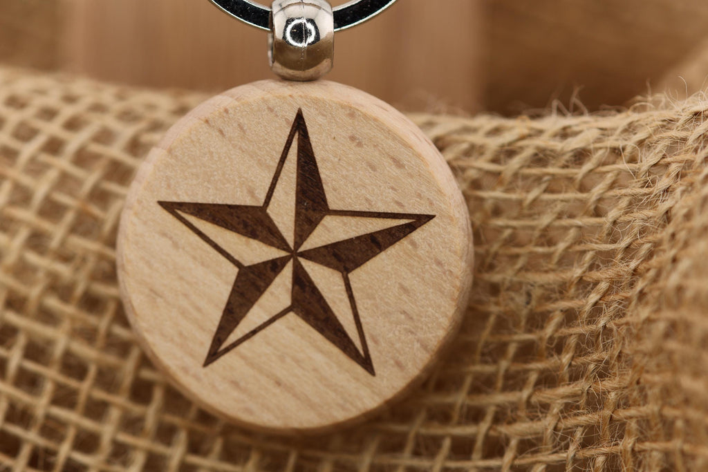 Nautical star keychain / bag charm: laser engraved hardwood with stainless steel keyring