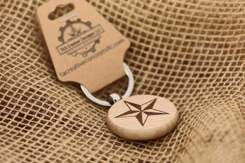Nautical star keychain / bag charm: laser engraved hardwood with stainless steel keyring