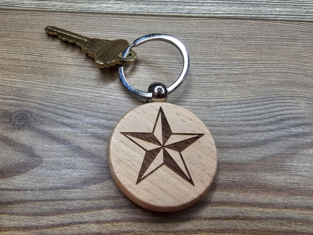 Nautical star keychain / bag charm: laser engraved hardwood with stainless steel keyring
