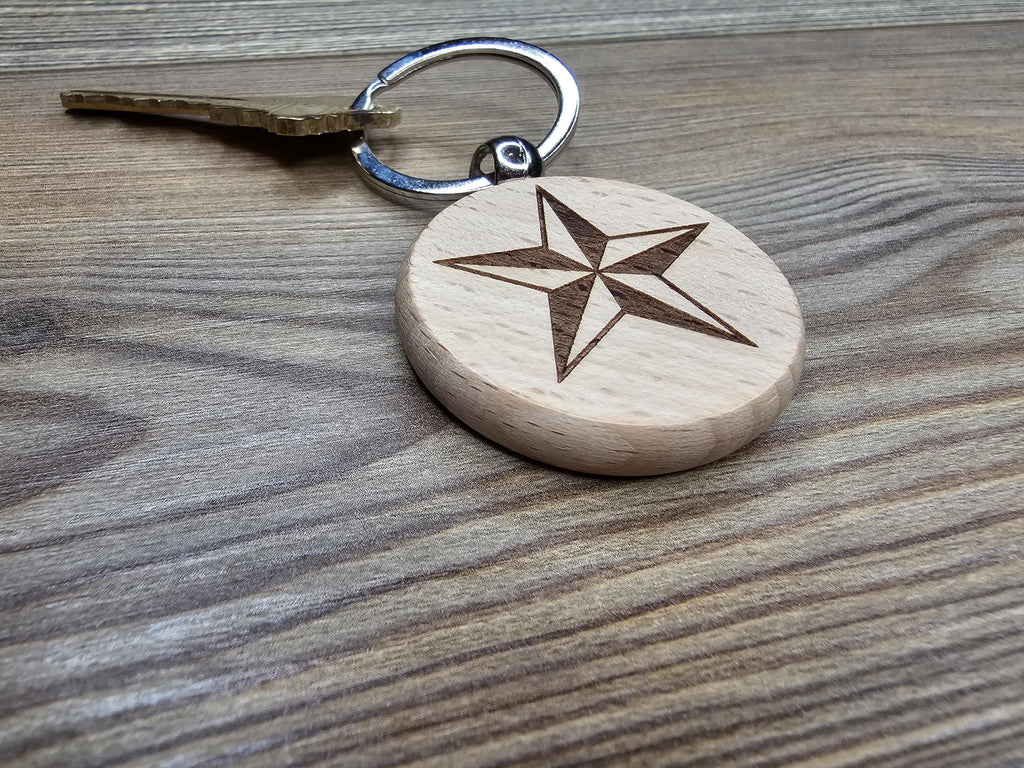 Nautical star keychain / bag charm: laser engraved hardwood with stainless steel keyring