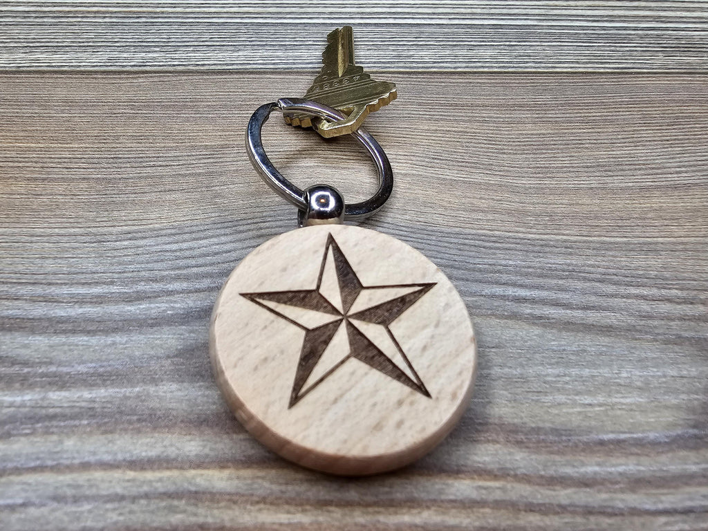 Nautical star keychain / bag charm: laser engraved hardwood with stainless steel keyring