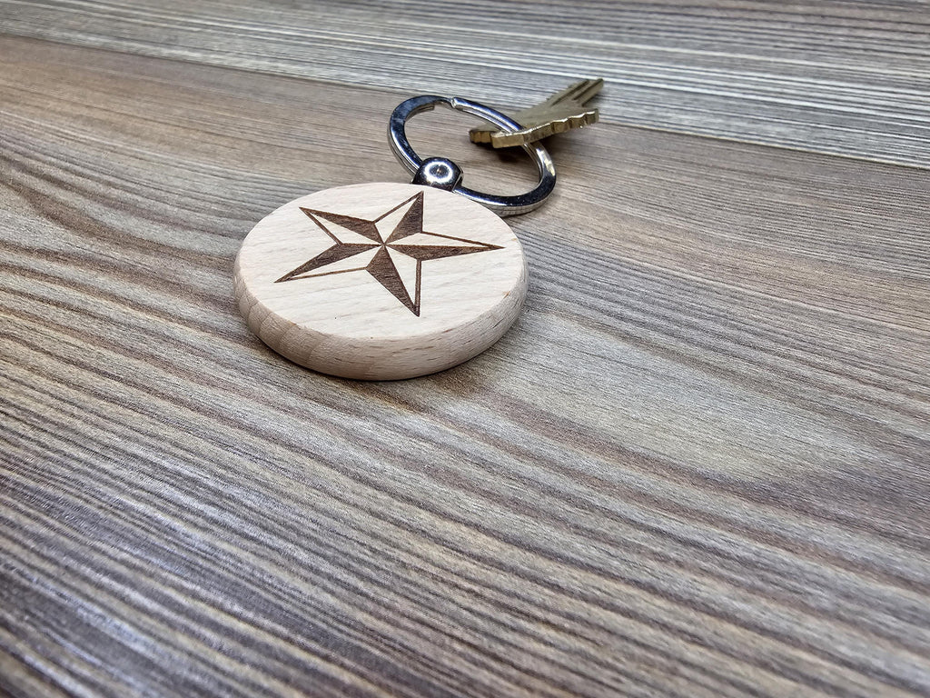 Nautical star keychain / bag charm: laser engraved hardwood with stainless steel keyring